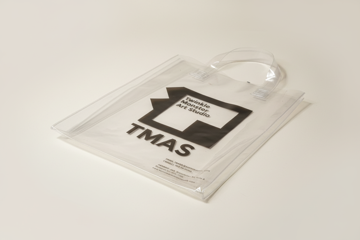 Angled TMAS Logo clear tote resting on ground
