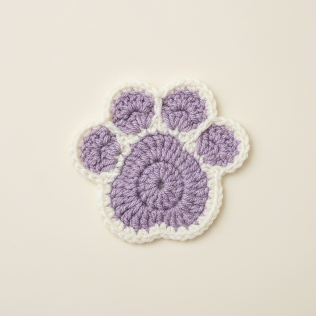 Purple and white crochet pawprint coaster - front view