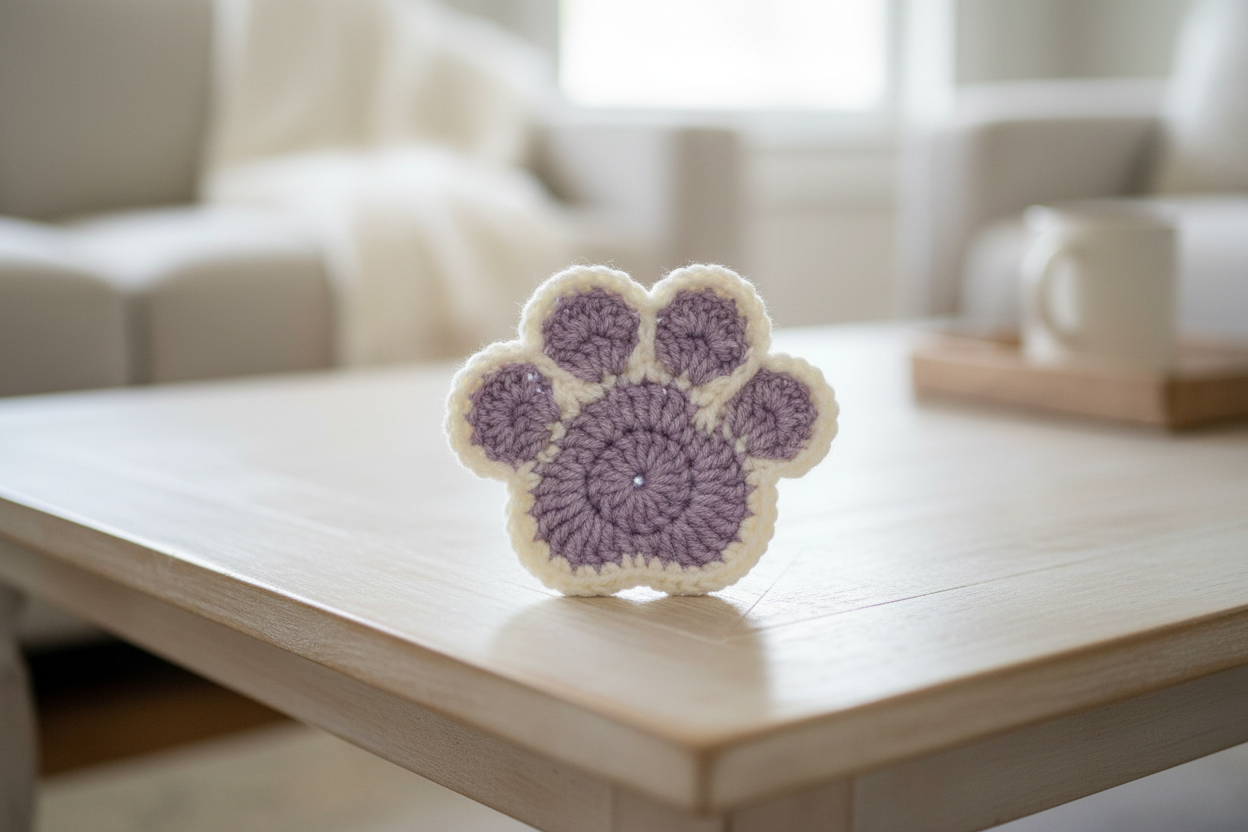 Purple and white crochet pawprint coaster - lifestyle shot