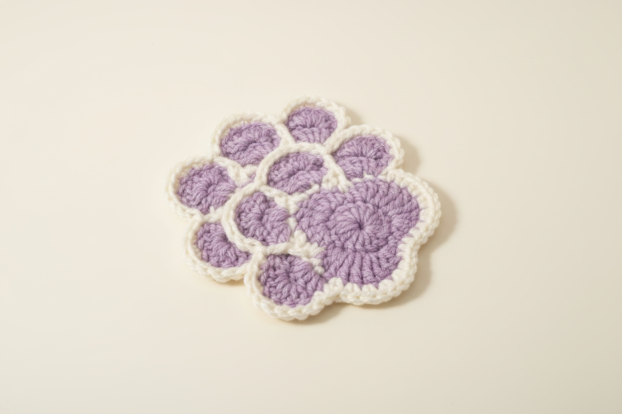 Purple and white crochet pawprint coaster - angled view