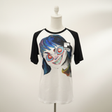 Big Eyes Tee - Front view on white and black baseball tee