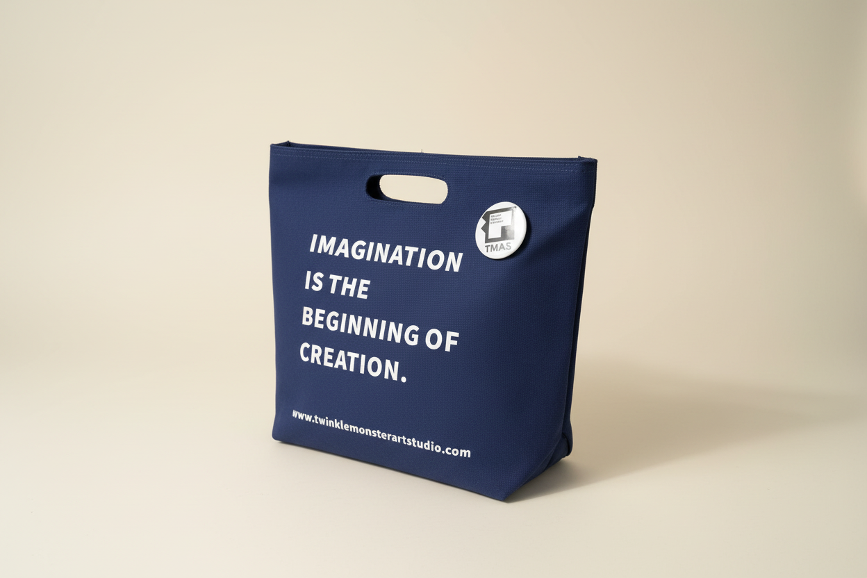 Imagination Tote - Angled view on navy canvas tote bag